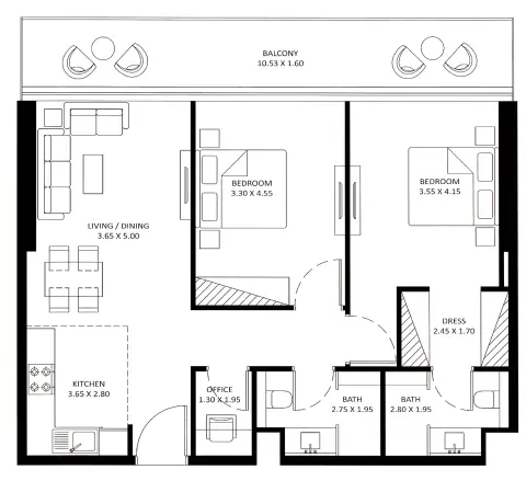 بايز 101: مخطط الطابق Type D, 1,054 sq ft