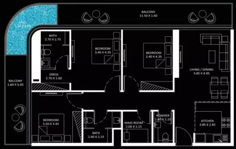 بايز 101: مخطط الطابق Type D, 1,492 sq ft