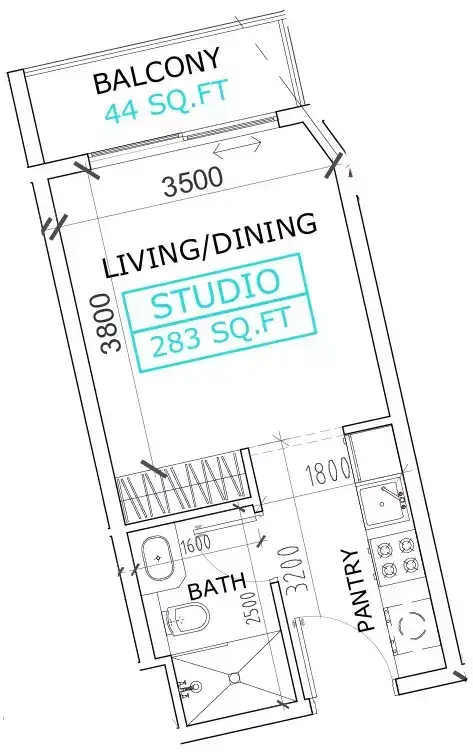 Canterbury Waterfront: Floor plan Type 3, 327 sq ft