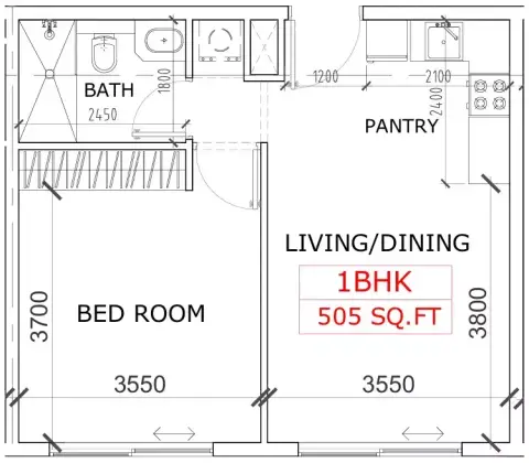 Canterbury Waterfront: Floor plan Type 2, 505 sq ft