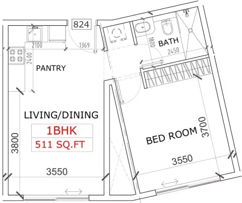Canterbury Waterfront: Floor plan Type 3, 511 sq ft