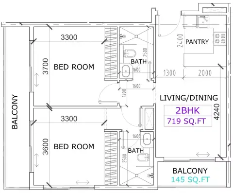 Canterbury Waterfront: Floor plan Type 2, 864 sq ft