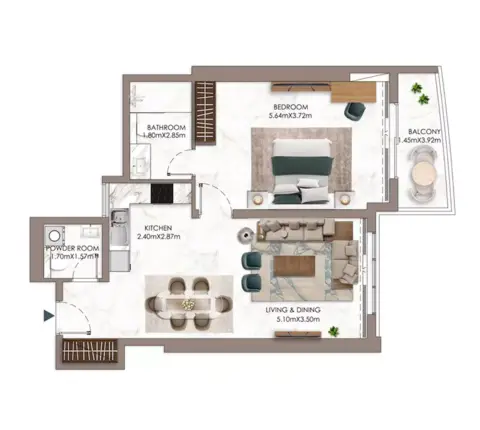 Ajman Pearl Tower: Floor plan Type A, 1,080 sq ft