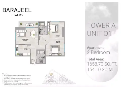 Barajeel Towers: Floor plan Type 01-Tower A, 1,658 sq ft