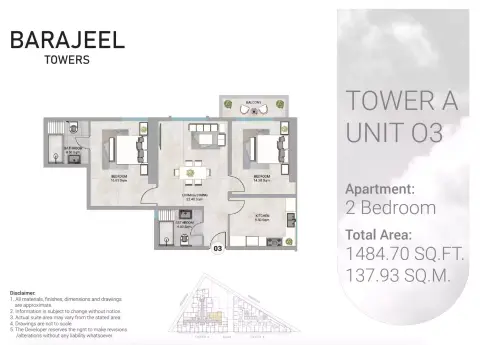 Barajeel Towers: Floor plan Type 03-Tower A, 1,484 sq ft
