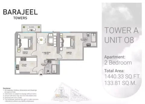Barajeel Towers: Floor plan Type 08-Tower A, 1,440 sq ft