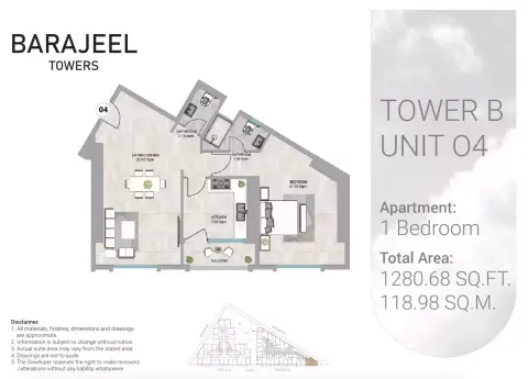 Barajeel Towers: Floor plan Type 04-Tower B, 1,280 sq ft