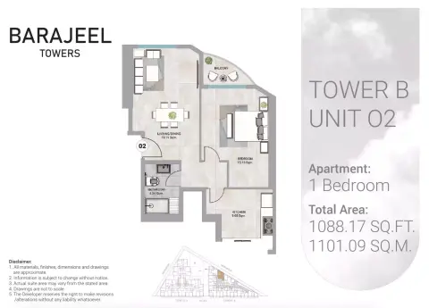 Barajeel Towers: Floor plan Type 02-Tower B, 1,088 sq ft