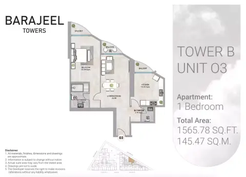 Barajeel Towers: Floor plan Type 03-Tower B, 1,565 sq ft