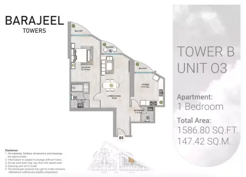 Barajeel Towers: Floor plan Type 03-Tower B, 1,586 sq ft