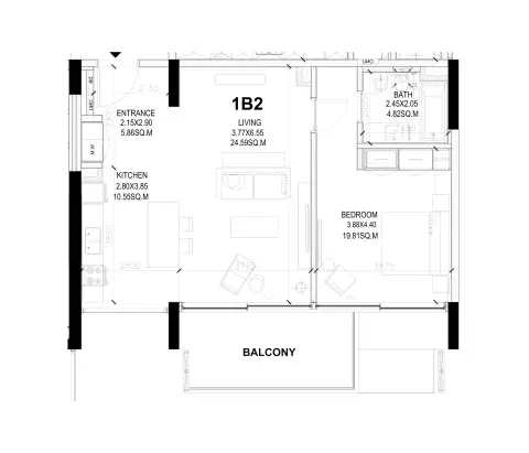 Sealine Residence: Type B, 933 sq ft 户型图