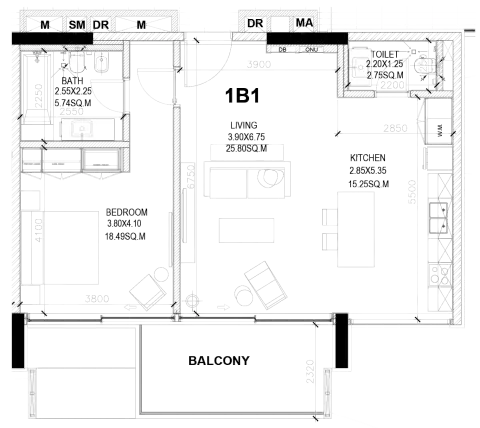 Sealine Residence: Type A, 933 sq ft 户型图