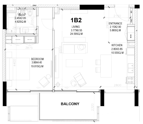 Sealine Residence: Type B, 937 sq ft 户型图
