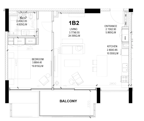 Sealine Residence: Type C, 938 sq ft 户型图
