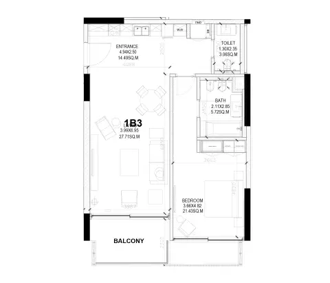 Sealine Residence: Type B, 972 sq ft 户型图
