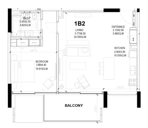 Sealine Residence: Type B, 937 sq ft 户型图