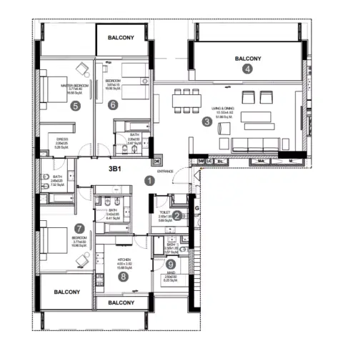 Sealine Residence: Type A, 2,759 sq ft 户型图