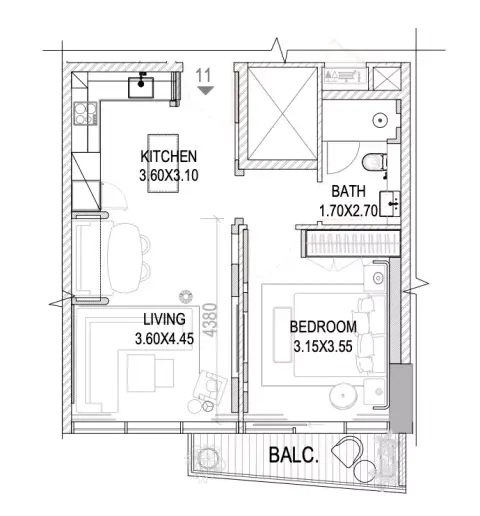 The Pier Residences: Plattegrond Type B1, 618 sq ft