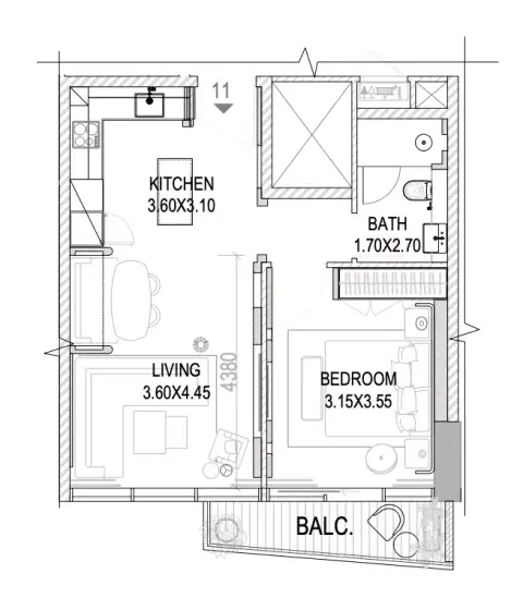 The Pier Residences: Plattegrond Type B2, 618 sq ft