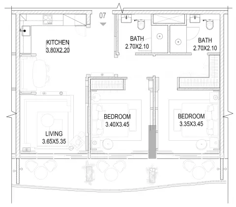 The Pier Residences: Plattegrond Type A, 1,106 sq ft
