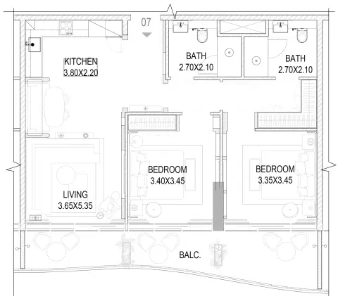 The Pier Residences: Plattegrond Type C, 1,116 sq ft