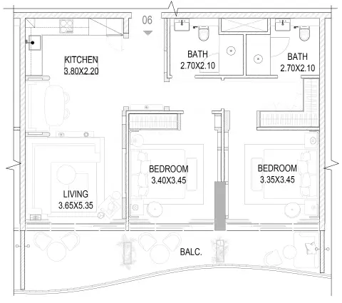 The Pier Residences: Plattegrond Type E, 1,121 sq ft