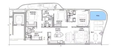 The Pier Residences: Plattegrond Type A3, 1,965 sq ft