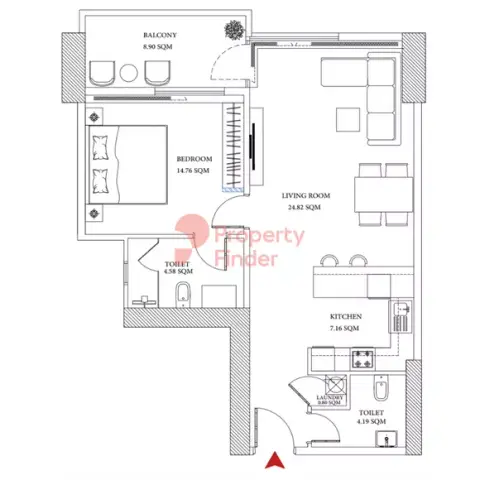 عجمان كريك تاورز: مخطط الطابق Type 3, 1,080 sq ft