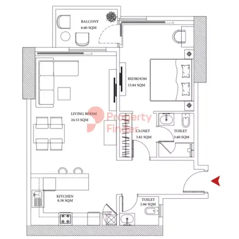 عجمان كريك تاورز: مخطط الطابق Type 11, 1,115 sq ft
