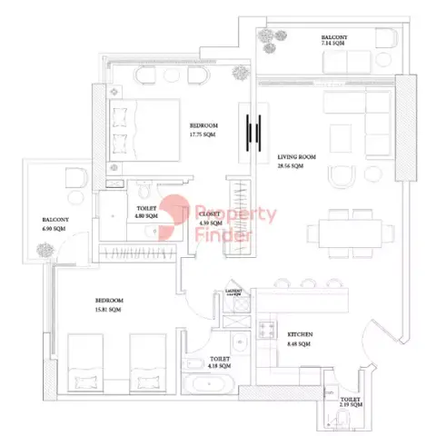 عجمان كريك تاورز: مخطط الطابق Type 1, 1,633 sq ft