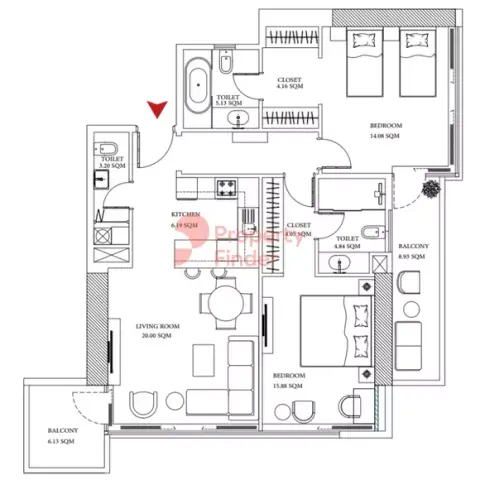 عجمان كريك تاورز: مخطط الطابق Type 3, 1,587 sq ft