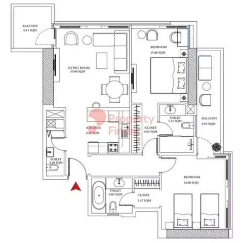 عجمان كريك تاورز: مخطط الطابق Type 4, 1,551 sq ft