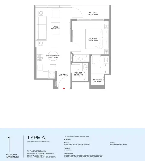 Yachtside Marina Residences: Floor plan Type A, 513 sq ft