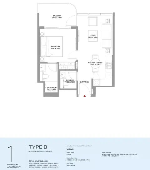 Yachtside Marina Residences: Floor plan Type B, 545 sq ft