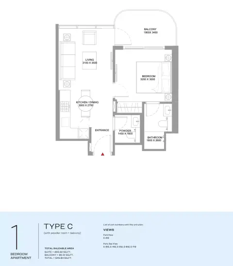 Yachtside Marina Residences: Floor plan Type C, 545 sq ft