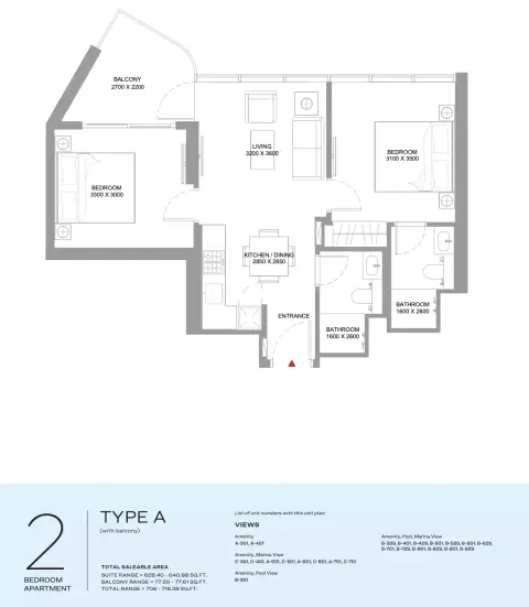 Yachtside Marina Residences: Floor plan Type A, 706 sq ft
