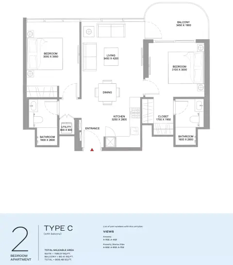 Yachtside Marina Residences: Floor plan Type C, 808 sq ft