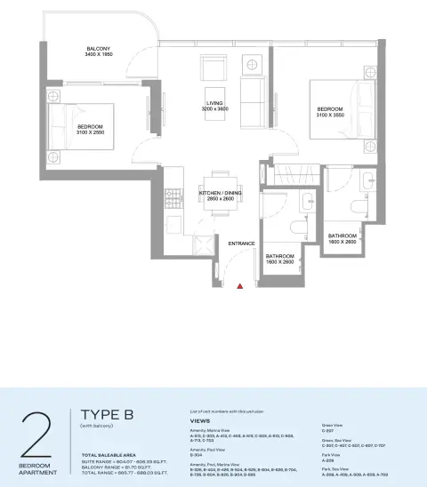 Yachtside Marina Residences: Floor plan Type B, 685 sq ft