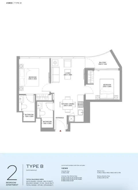 Bayfront Marina Residences: Type B, 671 sq ft 户型图