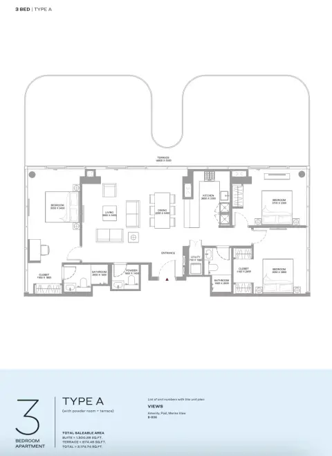 Bayfront Marina Residences: Type A, 2,174 sq ft 户型图