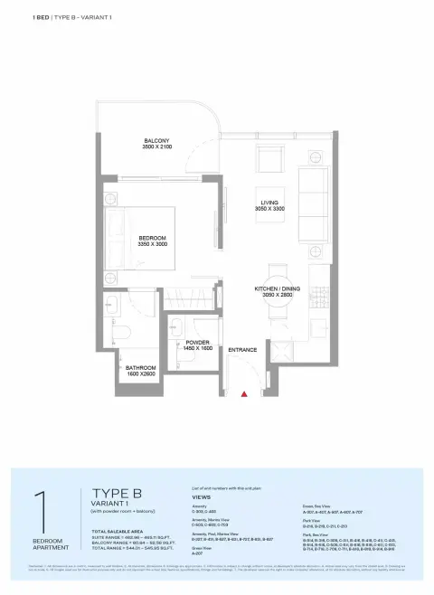 Pierside Marina Residences: Floor plan Type B-VARIANT 1, 545 sq ft