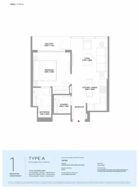 Pierside Marina Residences: Floor plan Type A, 514 sq ft