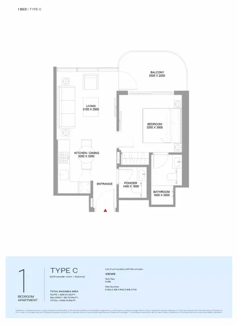 Pierside Marina Residences: Floor plan Type C, 545 sq ft