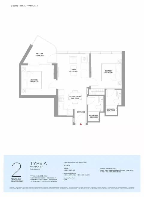 Pierside Marina Residences: Floor plan Type A-VARIANT 1, 717 sq ft