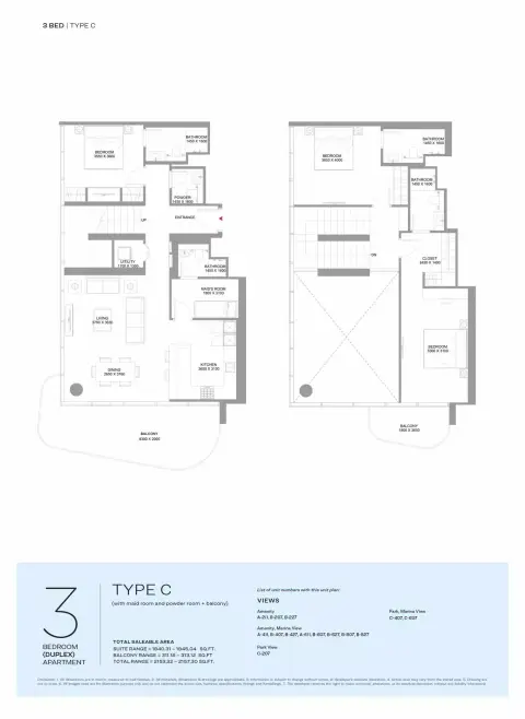 Pierside Marina Residences: Floor plan Type C, 2,157 sq ft