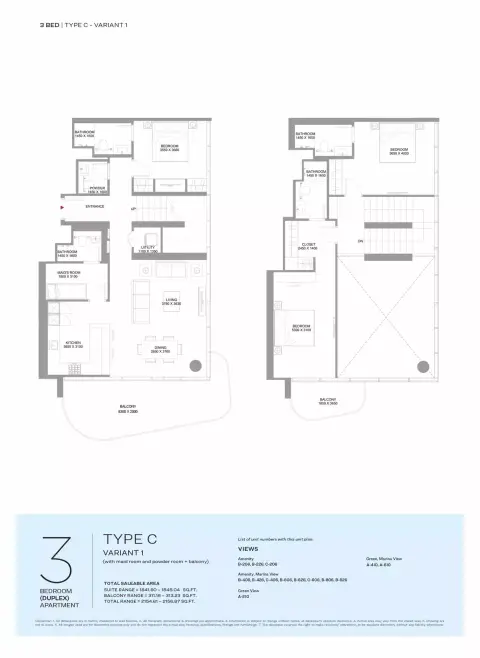 Pierside Marina Residences: Floor plan Type C-VARIANT 1, 2,156 sq ft