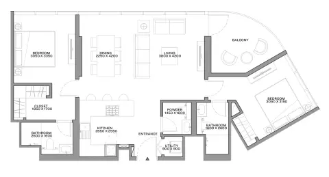شوبا كورالاين بيتش ريزيدنسز: مخطط الطابق Type A, 1,036 sq ft