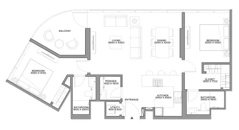 شوبا كورالاين بيتش ريزيدنسز: مخطط الطابق Type C, 1,030 sq ft