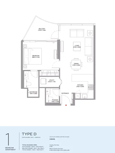 Capeside Marina Residences: Floor plan Type D, 728 sq ft