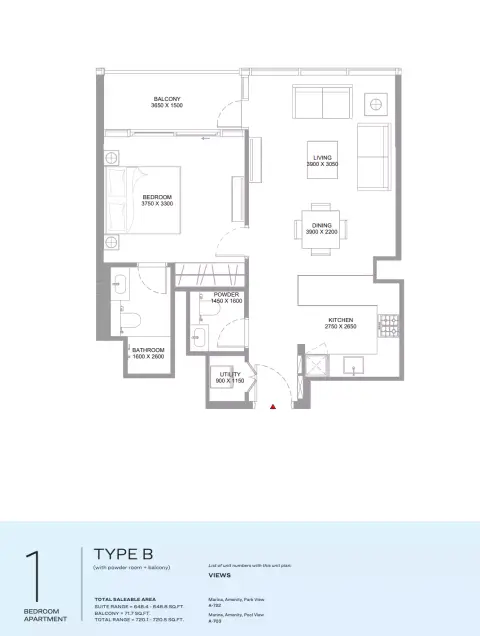 Capeside Marina Residences: Floor plan Type B, 720 sq ft